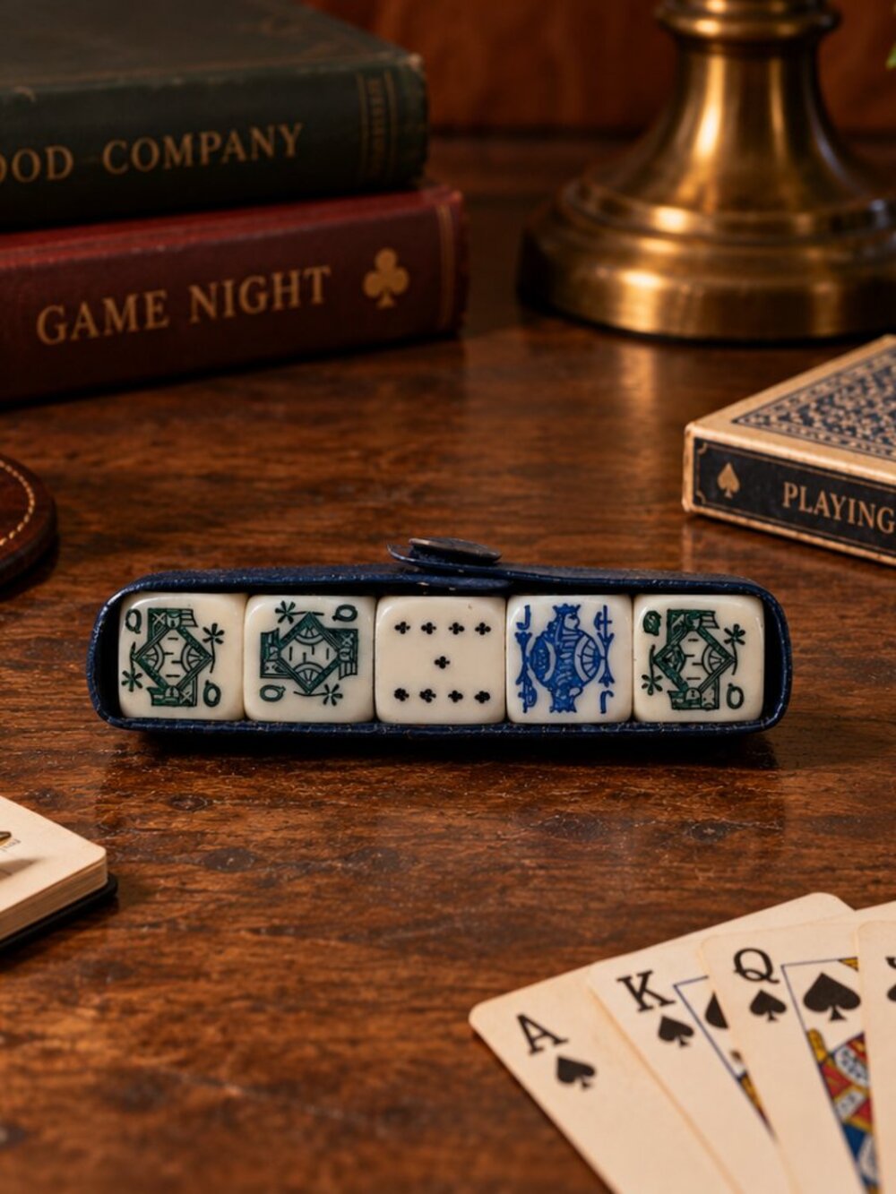 Vintage Poker Dice Set in Dark Blue Vinyl Case | Retro Game Night Gift